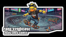 pegatina de un pato patinando en un skate park de valencia, con grafitis y anuncios de neones. el pato lleva la camiseta negra la muda de fang Syndicate intervenida manualmente con pintura textil, formando una llama con la forma de la comunidad valenciana.