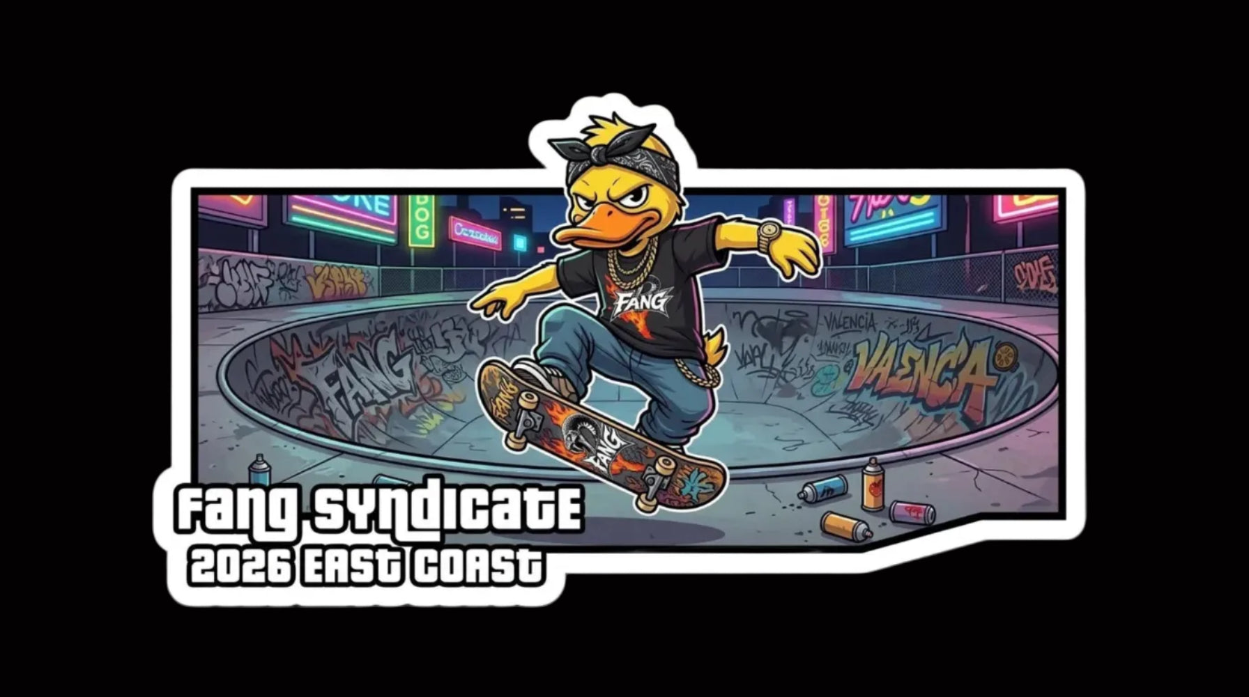 pegatina de un pato patinando en un skate park de valencia, con grafitis y anuncios de neones. el pato lleva la camiseta negra la muda de fang Syndicate intervenida manualmente con pintura textil, formando una llama con la forma de la comunidad valenciana.
