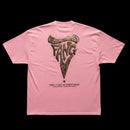 camiseta rosa parte trasera algodón 100% heavyweight costa este valencia intervención manual, isotipo colmillo megalodon textura de barro