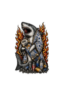 diseño de un tiburón con una túnica decorada con la estética del azulejo tradicional valenciano. porta un monopatín en la mano, rodeado de llamas y en el suelo una cadena de hierro y botes de pintura. esta realizado en estilo tradicional Tattoo
