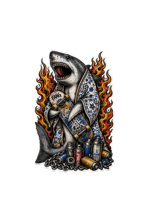 diseño de un tiburón con una túnica decorada con la estética del azulejo tradicional valenciano. porta un monopatín en la mano, rodeado de llamas y en el suelo una cadena de hierro y botes de pintura. esta realizado en estilo tradicional Tattoo