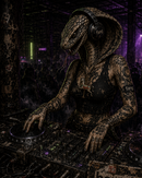 serpiente dj, trabajando en una sala de techno valenciano. lleva auriculares fang, un medallón con un caballito de tiovivo y la lengua fuera 