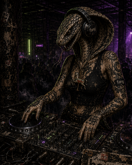 serpiente dj, trabajando en una sala de techno valenciano. lleva auriculares fang, un medallón con un caballito de tiovivo y la lengua fuera 